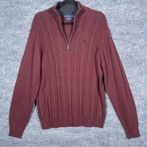 US Polo‎ Assn Mens Large Burgundy Fisherman Cable Knit 1/4 Zip Pullover Sweater